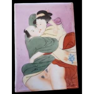 Plaque De Porcelaine Asiatique Sujet Erotique Chine Japon Vers 1900