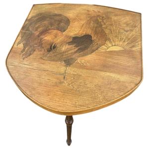 Gueridon Table Emile Gallé Marquetry Decor With Rooster 