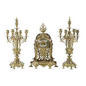Gilt Bronze Mantelpiece Clock And Pair Of Candelabras
