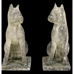 Pair Of Reconstructed Old Stone Bulldog Dogs 