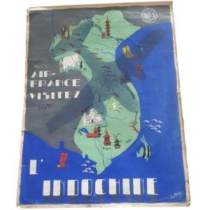 Gouache authentique affiche l'Indochine air France signée circa 1930/1940 