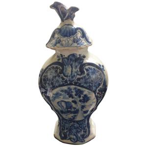18th Century Blue And White Delft Vase With A Large Cow Decoration