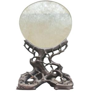 Miroir chine japon piétement bois noirci orné de végétaux XIXeme 