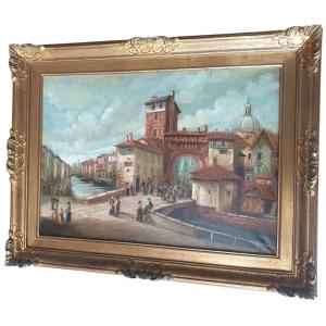 Saltzeli Italian School Landscape Of Animated Venice Oil On Canvas Signed