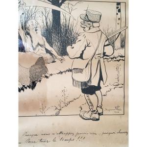 Benjamin rabier dessin original encre 1904 le temps en danger 