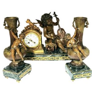 Moreau Mantelpiece With Bronze Patina, Depicting A Cello Player 