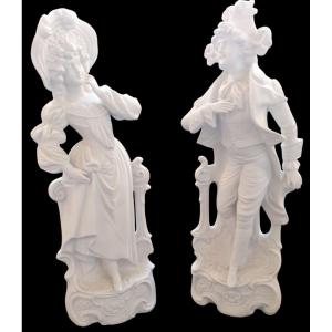 Two Important Biscuit Porcelain Figures: An Elegant Woman And A Gentleman In Period Dress. 