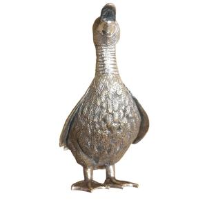 Mauro Manetti Large Silvered Bronze Duck, Signed Circa 1970. Length 35 Cm 