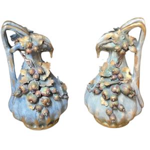 Paul Dachsel amphora paire de céramique vases pichets décors au pavots