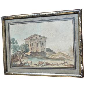 Angelo Uggeri Aquarelle école italienne temple,personnage, animaux 