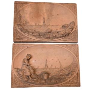 Pair Of 19th-century Breton School Terracotta Bas-reliefs 