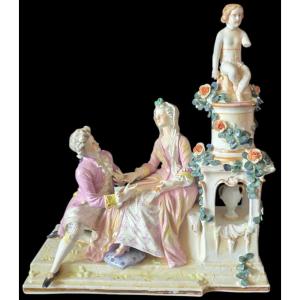 Large Polychrome Porcelain Group Height 30 Cm Signed