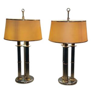 Maison Jansen Pair Of Brass And Silver-plated Lamps Circa 1970