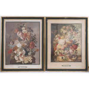 Nigg Joseph vienne bouquet de fleurs et nid paire de Lithographie couleurs 