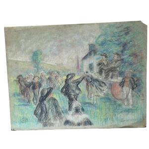 Mathurin Méheut Gouache Fete Au Village Bretonne Antique Pastel In The Taste