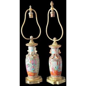 Vases porcelaine de canton famille rose monté en lampe XIXeme 