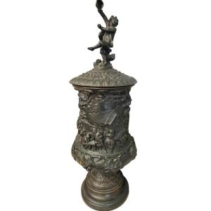 Bronze Bowl Richly Decorated With Scenes Dedicated To The Pleasures Of Life 19th Century 50 Cm
