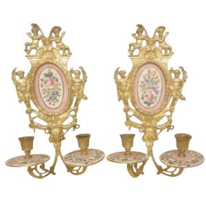 Pair Of Ormolu Sconces In Sèvres Porcelain 19th C. 1850