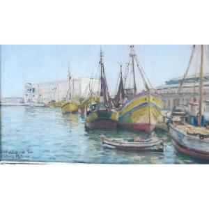 Gouache port de malaga marine espagne signé 