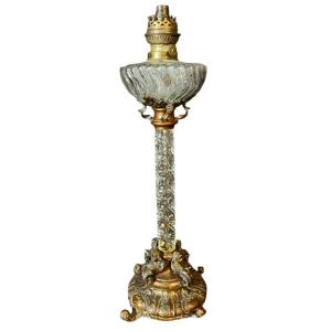 Lampe à pétrole colonne en cristal de baccarat taillé XIXeme