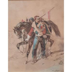 Hippolyte Bellangè Watercolor Wounded Lancer On Horseback