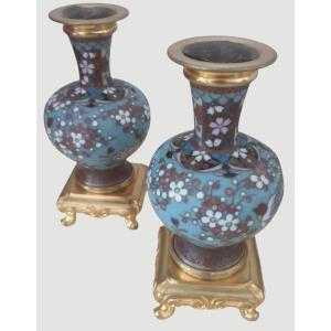 Pair Of Chinese Cloisonné Bottle Vases On Gilt Bronze Bases 19th Century