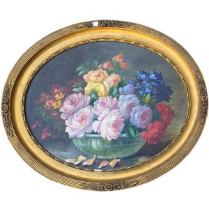 Huile sur panneau bouquet de rose art déco circa 1930