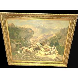 Grande huile sur toile berger en transhumance dans les Pyrénées XIXeme 