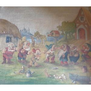 Huile sur toile Walt Disney les sept nains blanches neige circa 1940/1950 