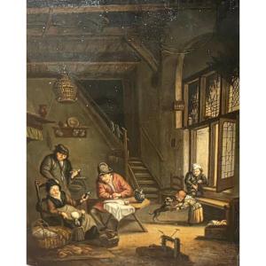 Ecole de Teniers Huile sur panneau de bois de chêne 18eme scène d'intérieur