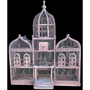 Grande Cage à Oiseaux en Bois et Métal Style Architectural Fin XIXe Début XXe