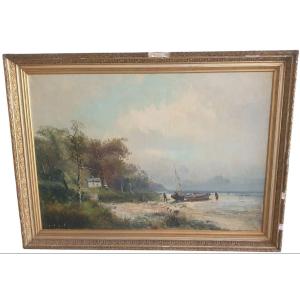 Immense huile sur toile marine  bord de plage probablement la Normandie 133cm X 98 cm