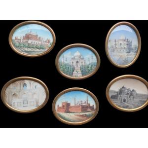 Exceptional ensemble de six miniatures de l'École de la Compagnie Inde époque Moghole Raj Brit