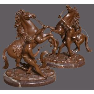 Pair Of Matching Sculptural Groups: The Marly Horses, 19th Century 