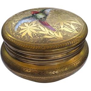 Large Limoges Porcelain Candy Dish By Paulhat, Featuring An Exotic Parrot Design On A Gold Background 