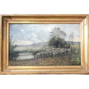 Charles Ferdinand Ceramano le Retour du Troupeau Huile sur toile École de Barbizon