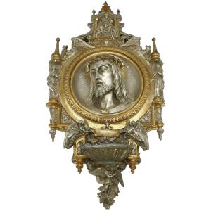 Important Bénitier christ Applique en Bronze Argenté et Doré Attribué Maison Poussielgue Rusand