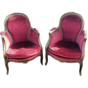 Paire de fauteuils cabriolets d'enfant style Louis XV Velours bordeaux XIXeme 