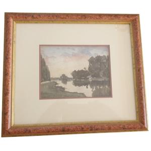 Aquarelle Originale de Louis CABIÉ (1853-1939) Paysage de Rivière Datée 1896