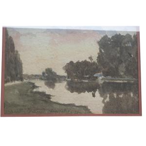 Aquarelle Originale de Louis CABIÉ (1853-1939) Paysage de Rivière Datée 1896