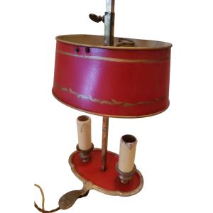 Authentique lampe bouillotte style Empire Directoire Tôle peinte rouge et bronze circa 1900