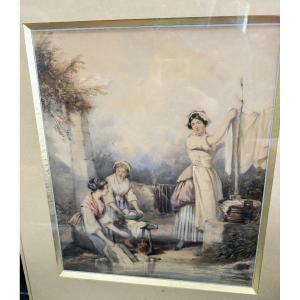 Aquarelle originale Auguste DELACROIX Les Lavandières 1809/1868