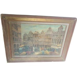 Tableau Ancien HST Marché aux Fleurs sur la Grand-Place de Bruxelles Signé STÉGLÉ École Belge