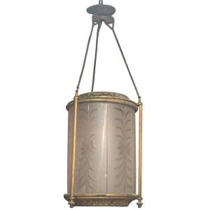 Lanterne de Hall XIXe Cristal Gravé Baccarat & Bronze dans son jus