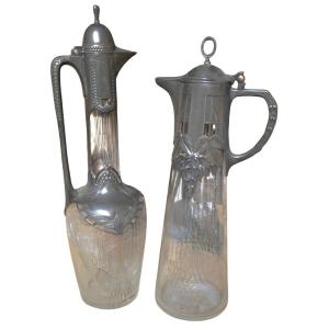 Paire d'Aiguières Art Nouveau en Cristal Gravé et Étain WMF Württembergische Metallwarenfabrik