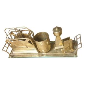 WMF Nécessaire de Bureau Complet Art Déco Laiton & Verre Signé WMF