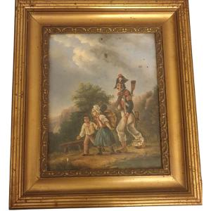 Tableau ancien XIXe siècle Scène de l'époque Napoléonienne Huile sur toile