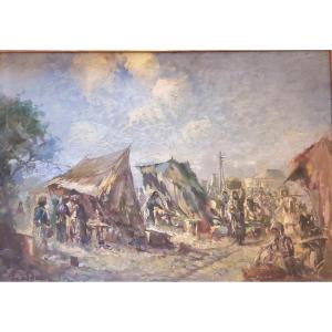 Huile sur Toile  Scène de Marché original Campement Signée attribué a Alexandra JACOB