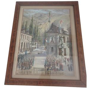 Tableau ancien Aquarelle Gouache Scène de fête dans les Pyrénées pays basqque bearn Signé Régis