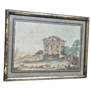 Huber Robert attribué aquarelle ancienne XVIIIe caprice architectural scène pastorale